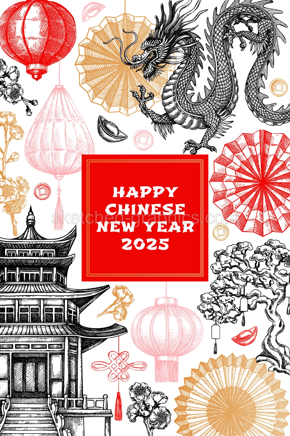 Chinese New Year invitation template. Lunar New Year greeting card design. China hand drawn vector illustrations. NOT AI generated Illustration